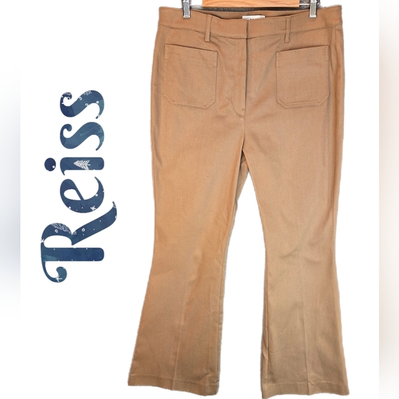 Reiss Patch Pockets Flare Pants Sz 12 Stretch Twill High Rise Tan